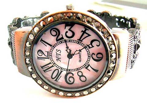   Lady's fahsion watch online China company supply pinky marble macasite stone bronze bangle watch   