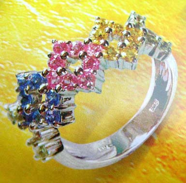   Rhodium ring China discount distribution of combined diamond shape multi color cz ring   