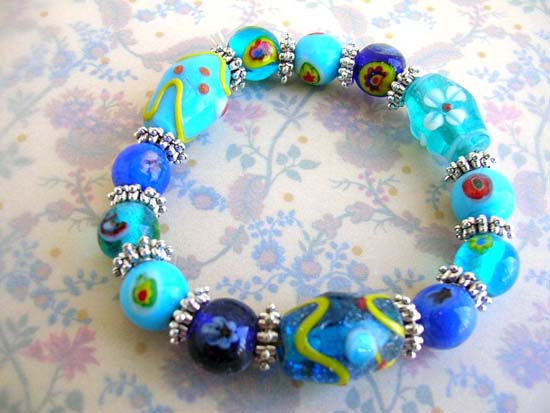 Hand painting China handicraft manufacture supplie supply lampwork blue beaded and bali beads bracelet 