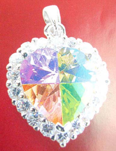 Inexpensive jewelry gift shop wholesale sterling silver heart pendant holding rainbow cz in the middle  
